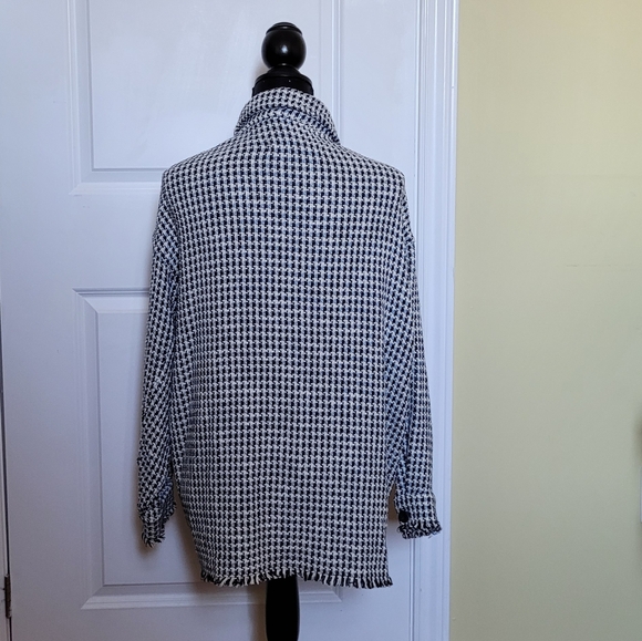 Zara jacket coat blazer frayed blue white woven tweed small unlined cotton blend - Picture 3 of 14